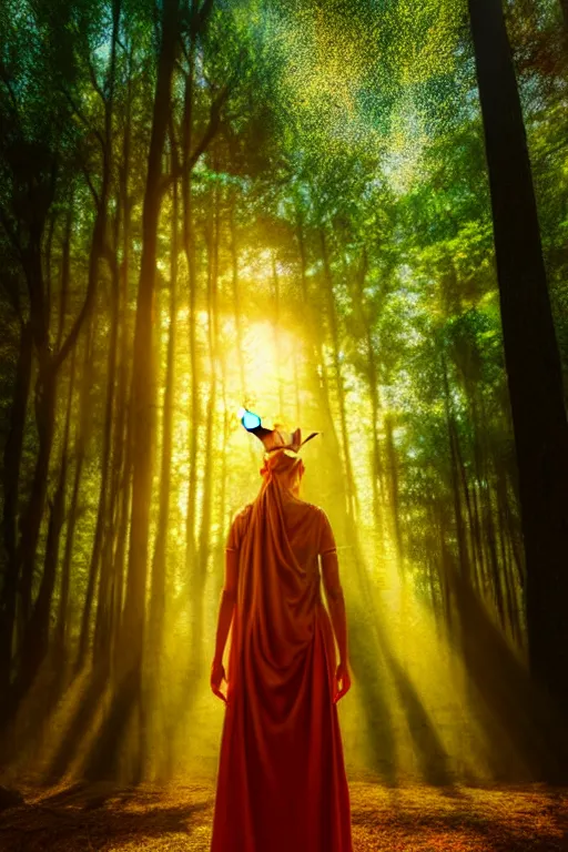 Image similar to hyperrealistic mithra as a woman standing in a forest sun behind him concept art eric zener elson peter cinematic side soft yellow light low angle hd 8k sharp shallow depth of field