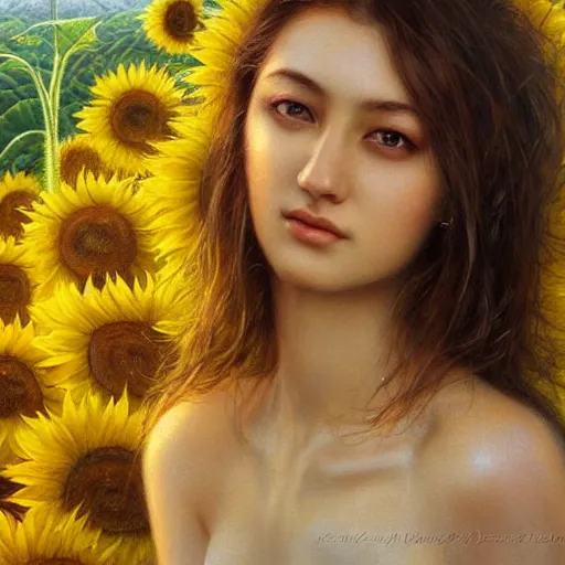 Prompt: a girl slowly walking through amazing tall sunflower field, hair flowing, early morning lighting, elegant, subtle, intricate details, detailed face!, real masterpiece, oil on canvas, by karol bak, ayami kojima, artgerm, smile, concept art, fantasy