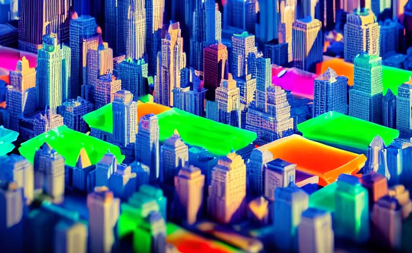 Prompt: colorful translucent jello gelatin pieces in the shape of a city skyline, aerial photography, vibrant colors, canon 1 - dx, shallow depth of field, tilt shift, dramatic lighting, smooth surfaces, photorealistic, unreal engine render, octane render, 8 k