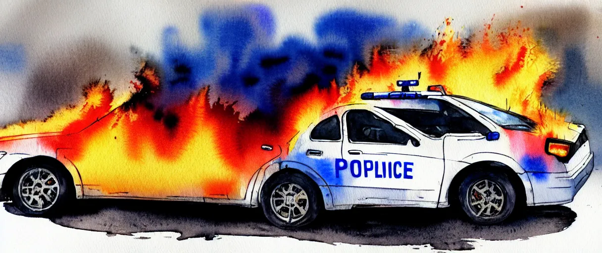 Prompt: watercolor of burning police car