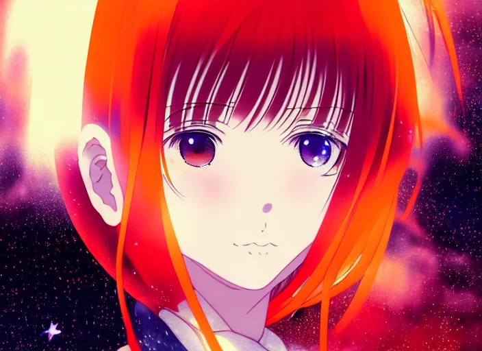 Prompt: anime portrait of a young girl floating inside a nebula, outlined,masakazu katsura, tsuruta kenji, murata range,kawaii, kyoto animation, manga, intricate, detailed, studio lighting, orange red black white, gradation,editorial illustration, matte print, Ilya Kuvshinov