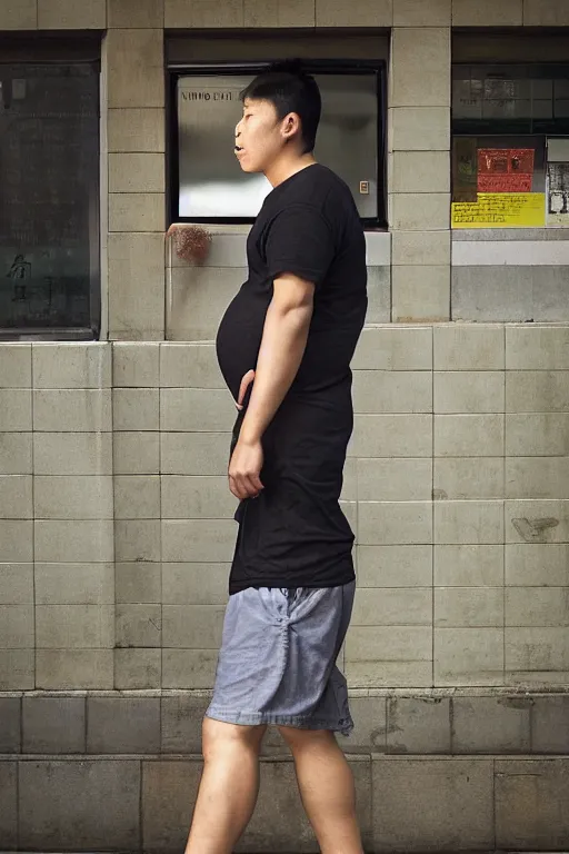 Image similar to Full-length portrait of a handsome!! young pregnant!! male on the streets of Hong Kong, with a big round belly, talking on his phone, wearing shorts, 2008, ultra detailed photograph, photographed by Annie Leibovitz and Steve McCurry