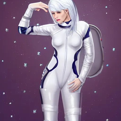 Image similar to beautiful white haired woman dressed in see through space suit in the style of zezhou chen highly detailed, smooth, sharp focus