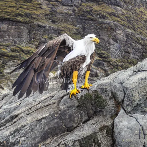 Prompt: anthropomorphic white tailed eagle in armor, in front of vast rocky cliffs circa 1900, dark, brave, solemn, ocean off cliff edges, cliff side home, weathered homes, wide shot