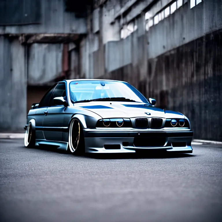 Image similar to close-up-photo BMW E36 illegal meet, cambered wheels, Saitama prefecture, misty midnight, cinematic color, photorealistic, high detailed wheels, highly detailed, custom headlights, subtle neon underlighting