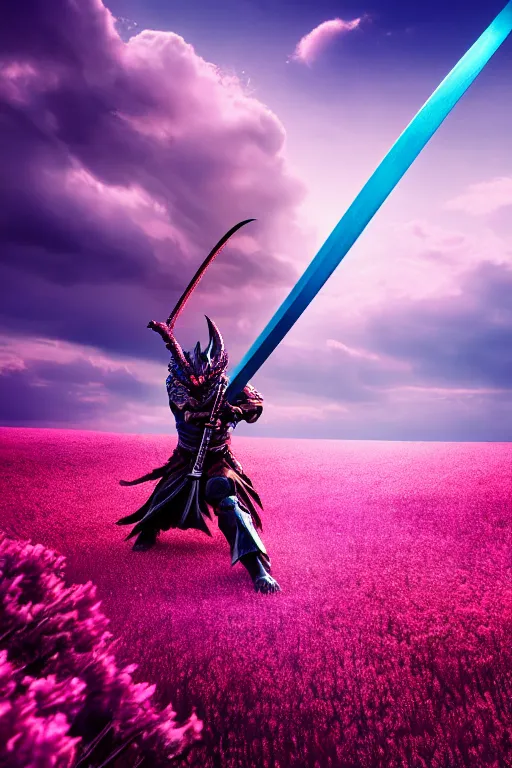 Image similar to illustration cinematic humanoid dragon yielding katana in a field of pink flowers, highly detailed digital art masterpiece, smooth vitaly bulgarov eric zener dramatic blue light, ground angle uhd 8 k, sharp focus