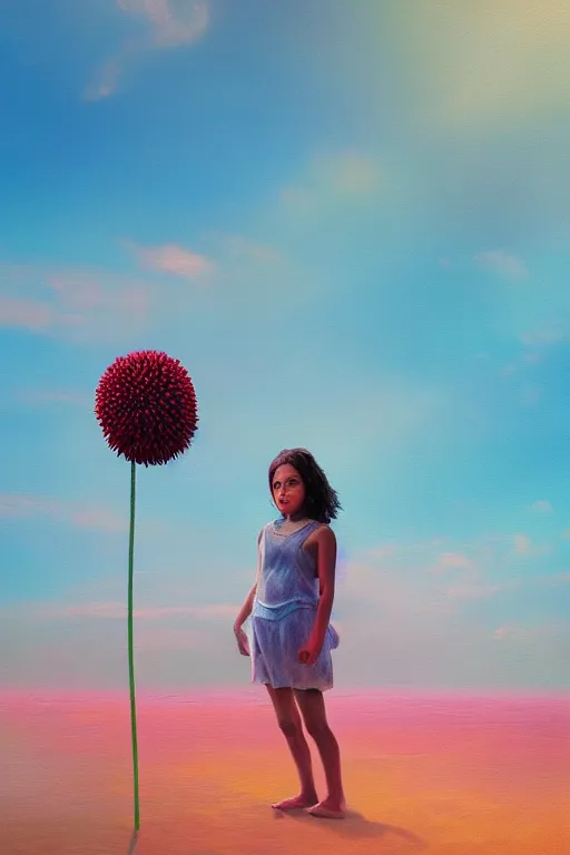 Image similar to closeup giant dahlia flower head, girl standing on beach, surreal photography, blue sky, sunrise, dramatic light, impressionist painting, digital painting, artstation, simon stalenhag