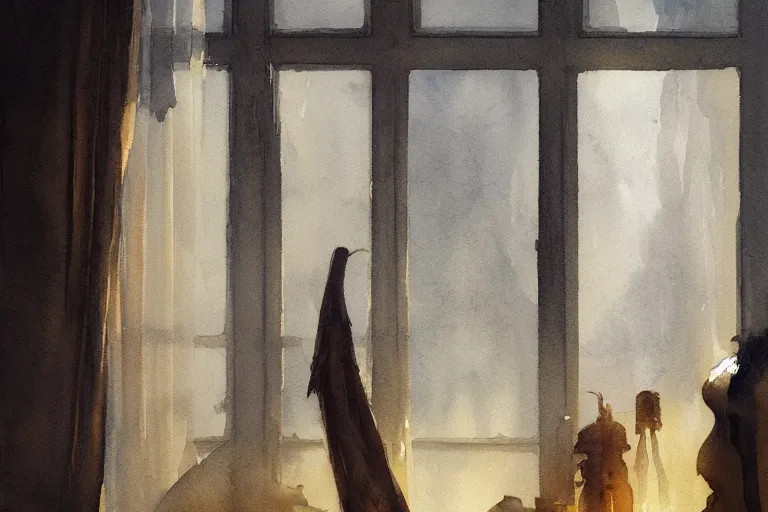 Prompt: abstract watercolor painting of sunlight through curtain window, silverware and glass, cinematic light, national romanticism by hans dahl, by jesper ejsing, by anders zorn, concept art, sharp focus, illustration, art by artgerm and greg rutkowski and magali villeneuve