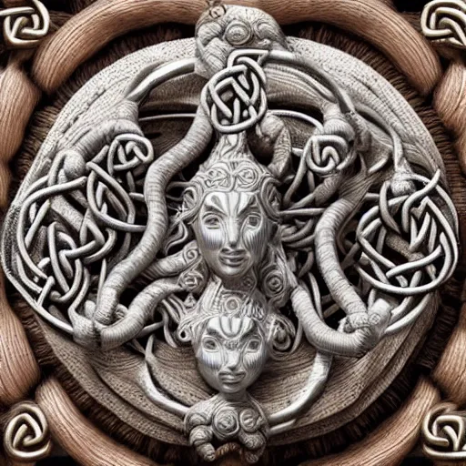 Prompt: Medusa goddess amulet, detailed intricate silverwork laid out on a dark oak table background, Celtic knot, spirals and weave, wood carving, trending on artstation, 8k digital render