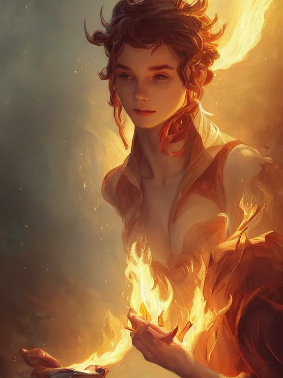 Image similar to young summoner with a fire elemental, fantasy, man, intricate, elegant, highly detailed, digital painting, artstation, concept art, wallpaper, smooth, sharp focus, illustration, art by artgerm and greg rutkowski and alphonse mucha