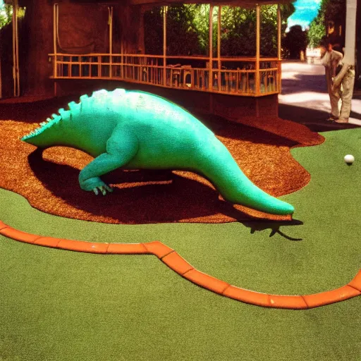 Prompt: autochrome photo of vintage disgusting brown dinosaur, fiberglass plaster dinosaur in a putt putt golf course, realistic