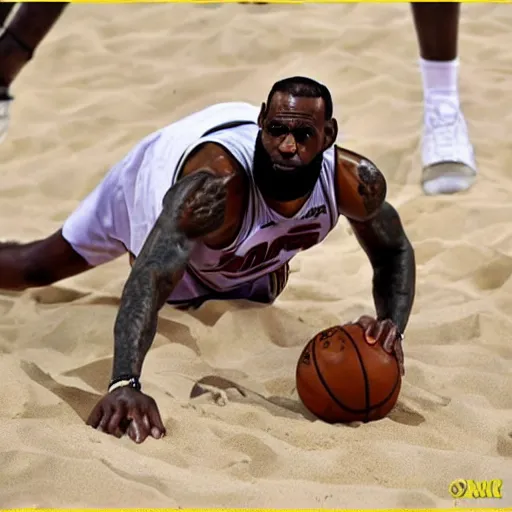 Prompt: lebron james eating sand