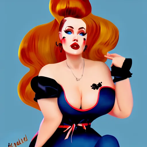 Prompt: rockabilly curvy woman, long blond hair, hair bow, blue eyes, wholesome, country, southern, digital art, cinematic, concept art, 8k, painting, trending on artstation, wide shot, full shot