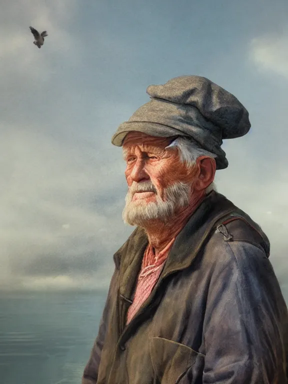 Image similar to realistic renderings portrait of very old fisher man portrait with a hat, wearing a fisher 🧥, coloured wears, ( ( ( ( ( a bird in the sky ) ) ) ) ) port scene background, astonishing scenes, detailed, photorealism, volumetric lighting, autumn lights colors, ultra detailed