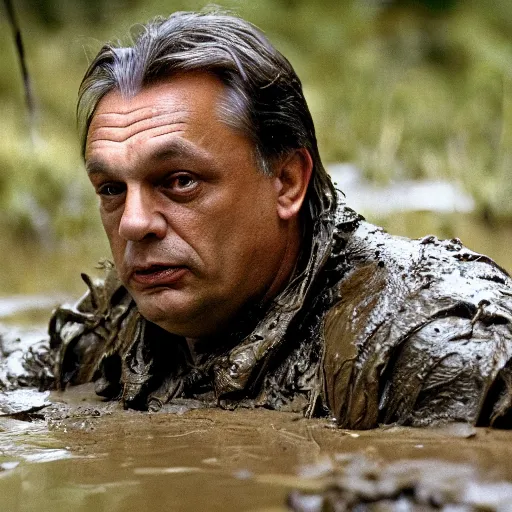 Image similar to film still of viktor orban as major dutch, covered in mud and hiding from the predator predator predator in swamp scene in 1 9 8 7 movie predator, hd, 4 k