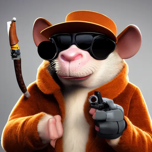 Prompt: anthropomorphic gangster rat, holding a gun, smoking a huge cigar, wearing sunglasses and a cap, long fur, anthropomorphic rat, detailed, 3d render, 4k, pixar