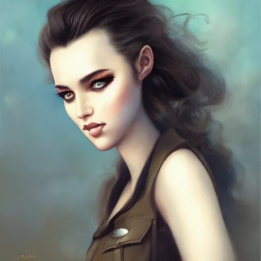 Prompt: gorgeous russian woman in police uniform by tom bagshaw, jeremiah ketner, soft lighting, solid background,