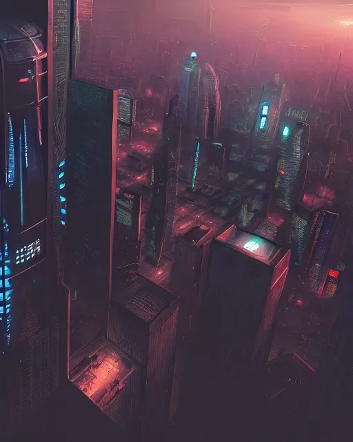 Prompt: cyberpunk scifi scene of a city at night, aerial view, salesforce tower, artstation, matt painting, very detailed, maximalism, ambient occlusion, volumetric light, atmospheric haze, unreal engine, hyper realism, realistic shading, cinematic composition, realistic render, octane render, detailed textures, photorealistic, wide shot