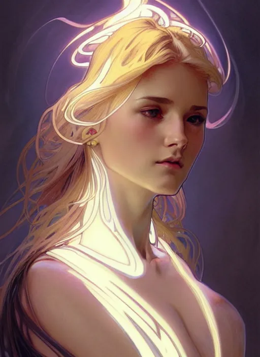 Image similar to a digital concept art by artgerm and greg rutkowski and alphonse mucha. clear portrait of a young wife blessed by god to uncontrollably become overwhelmingly perfect!! blonde, clothes, sit on heels!! light effect. hyper detailed, character concept, glowing lights!! intricate, elegant, digital painting, artstation, smooth, sharp focus