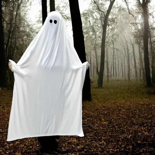 Image similar to a ghost in a sheet in spooky woods