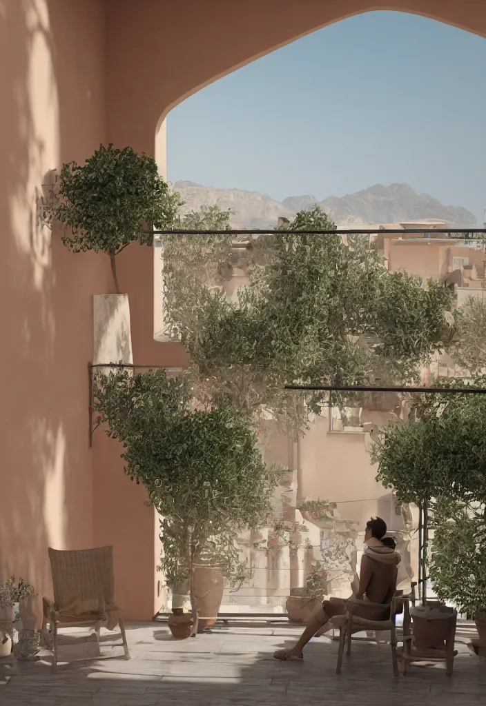 Image similar to italian balcony with a person smoking on a hot weather with desert dunes in the background, realistic, soft natural volumetric lighting, beautifully detailed 4 k octane render, 4 k post processing 8 k