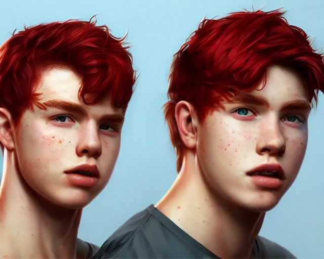 Image similar to portrait short and stocky of 1 9 - year - old male twins with red hair and freckles, two male, wearing shirts,, hyper realistic face, beautiful eyes, character art, art by mark brooks, hyperdetailed, cryengine, trending on artstation, digital art