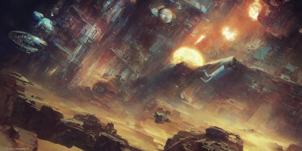 Prompt: supernova, art deco buildings in space in a flying space station, ruins on mars, painted by ruan jia, raymond swanland, lawrence alma tadema, zdzislaw beksinski, norman rockwell, jack kirby, tom lovell, alex malveda, greg staples