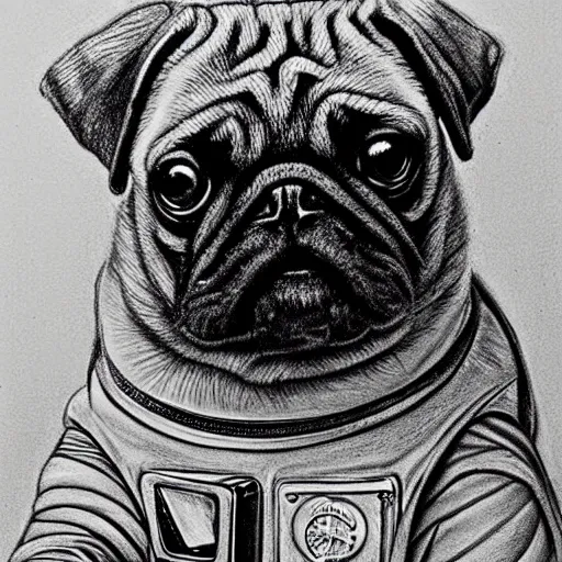 Image similar to pencil art, golden - ratio, spirals, highly detailed, astronaut pug in outer space by davinci.