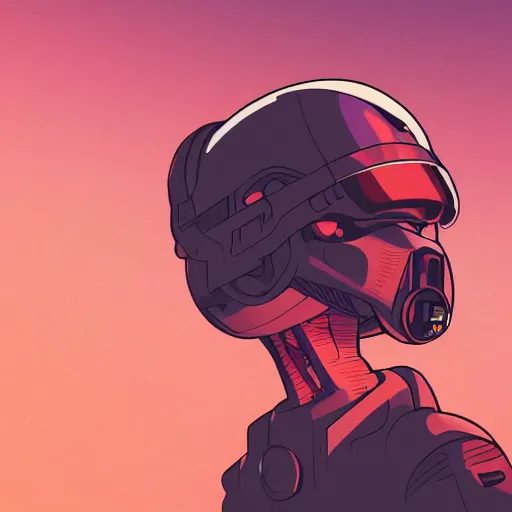 Image similar to in the style of max prentis and deathburger and laurie greasley a close up of a young explorer wearing a cyberpunk headpiece sitting on the head of a giant robot watching the sunset in the distance, highly detailed, 8k wallpaper