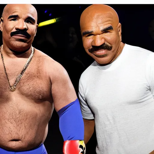 Prompt: Ed Sheeran and Steve Harvey face to face in a wrestling promotional poster, photograph