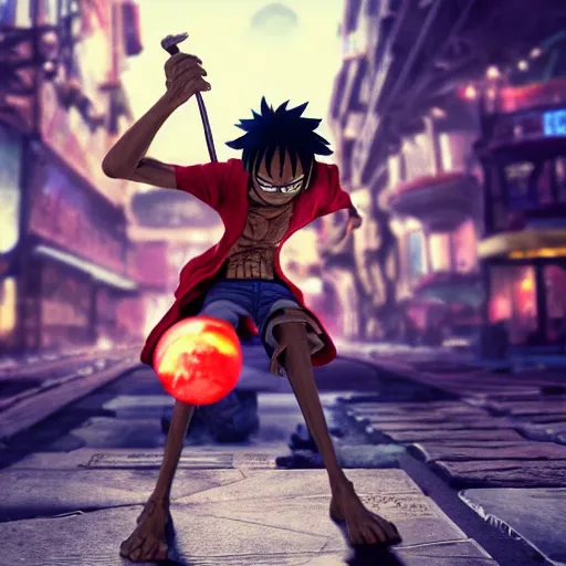 Image similar to monkey d luffy fighting an alien in a steampunk city, night, realism, 4 k, octane render, award winning photograph, epic cinematic shot, perfectly defined features, ambient occlusion