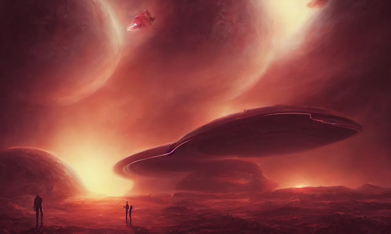 Prompt: a vew above a red alien planet. in the foreground there is aa gigantic and long alien spacecraft. in the background there is a wormhole. scifi, in the style of Charlie Bowater, Charlie Bowater