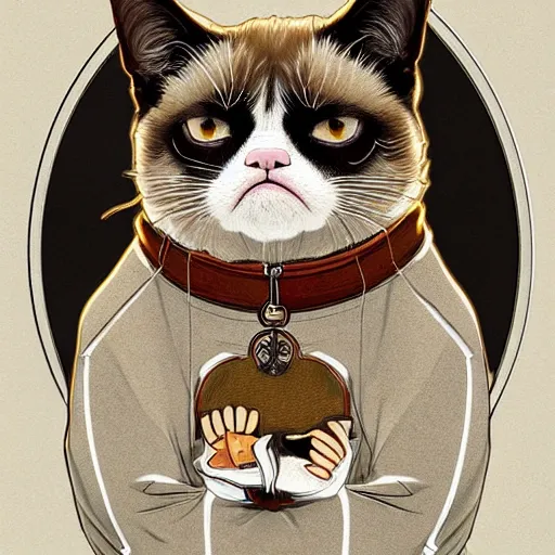 Image similar to Grumpy Cat dressed as Doge, anime, weeb, die cut sticker , intricate, elegant, highly detailed, digital painting, artstation, concept art, smooth, sharp focus, illustration, art by artgerm and greg rutkowski and alphonse mucha and francisco goya