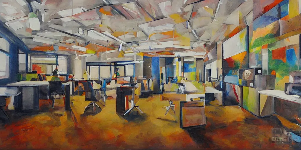 Image similar to painting gallery workplace, art style by bryen frost