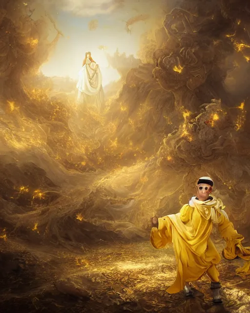 Image similar to A epic and beautiful rococo painting of a young arab boy covered in yellow cloth surrounded by wolves of ashes, standing before a desert of ashes. ultra-detailed. Anime, pixiv, UHD 8K CryEngine, octane render