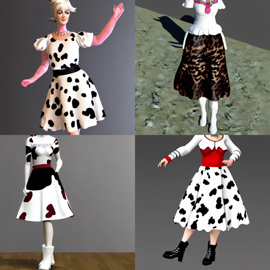 Prompt: A Marvelous Designer render of a cow costume with Holstein print fabric. Ruched bodice, puff sleeves, skater skirt. White fur boots with hooves. Large cow bell necklace.