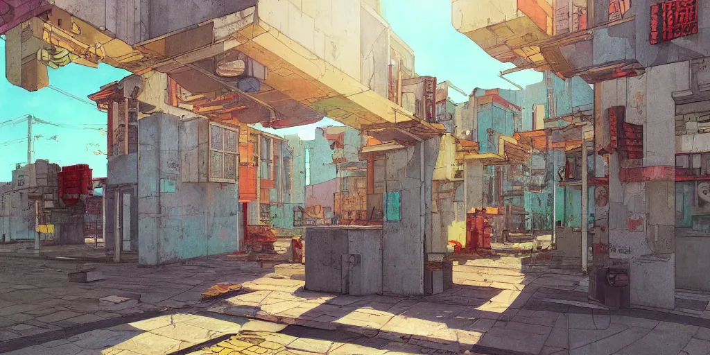 Image similar to neo brutralism, concrete housing, an archway, concept art, colorful, vivid colors, sunshine, light, shadows, reflections, oilpainting, cinematic, 3D, in the style of Akihiko Yoshida and Edward Hopper