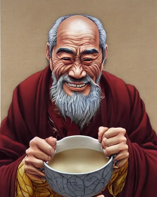 Image similar to real life Uncle Iroh smiling, drinking tea, beautiful, very detailed, hyperrealistic, medium shot, very detailed painting by Glenn Fabry, by Joao Ruas