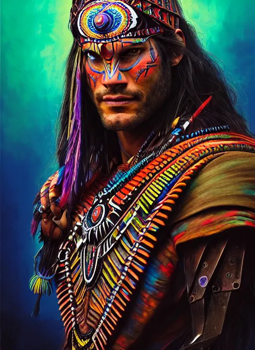 Image similar to portrait of jared padalecki, hyper detailed ultra sharp aztec shaman warrior. trending on artstation, warpaint aesthetic, bloodwave, colorful, psychedelic, ornate, intricate, digital painting, concept art, smooth, sharp focus, illustration, art by artgerm and greg rutkowski and h. r. giger, 8 k