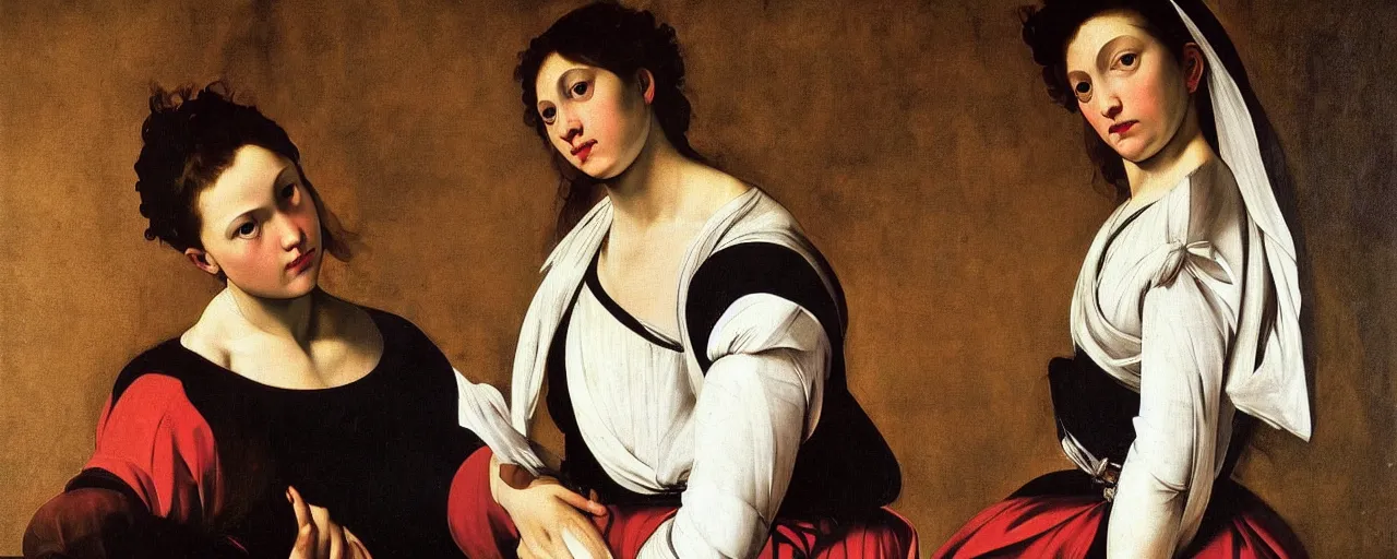 Image similar to painting by caravaggio, young woman in baroque dress, detailed, stunning