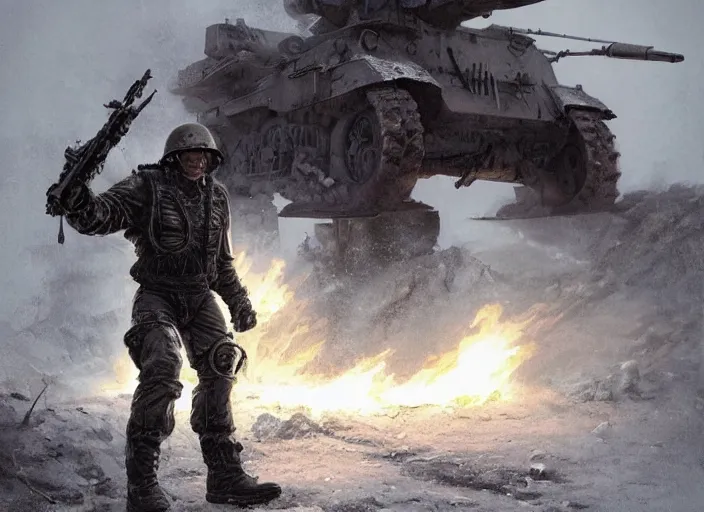 Prompt: demonic t - 8 0 0 terminator in world war two eastern front setting, dieselpunk, winter concept art, artstation, stephen bliss, unreal engine, art by greg rutkowski, loish, rhads, ferdinand knab, makoto shinkai and lois van baarle, pixar, rossdraws, tom bagshaw, global illumination, radiant light, detailed and intricate environment