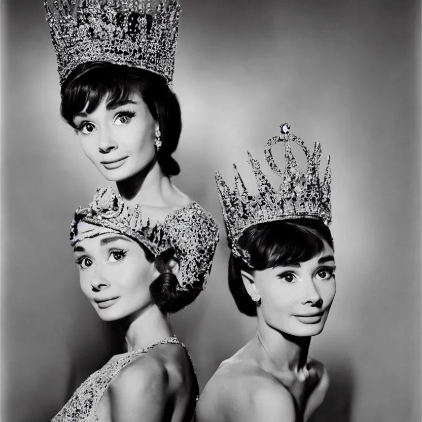 Image similar to portrait of audrey hepburn as a crowned queen, ultra realistic, canon 3 5 mm photography