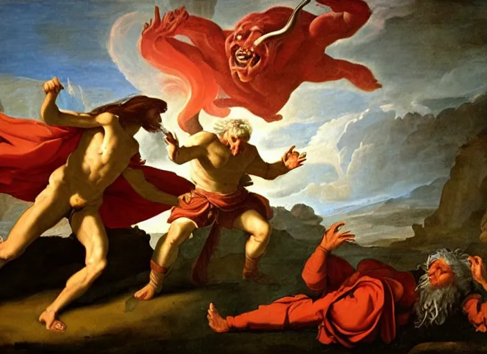 Prompt: renaissance painting of Gandalf the gray, right, fighting the fiery giant balrog, left, by nicolas poussin
