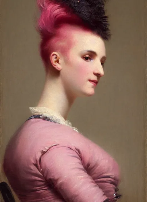 Image similar to a detailed portrait of woman with a mohawk by edouard bisson, year 1 8 5 0, pink hair, punk rock, oil painting, muted colours, soft lighting