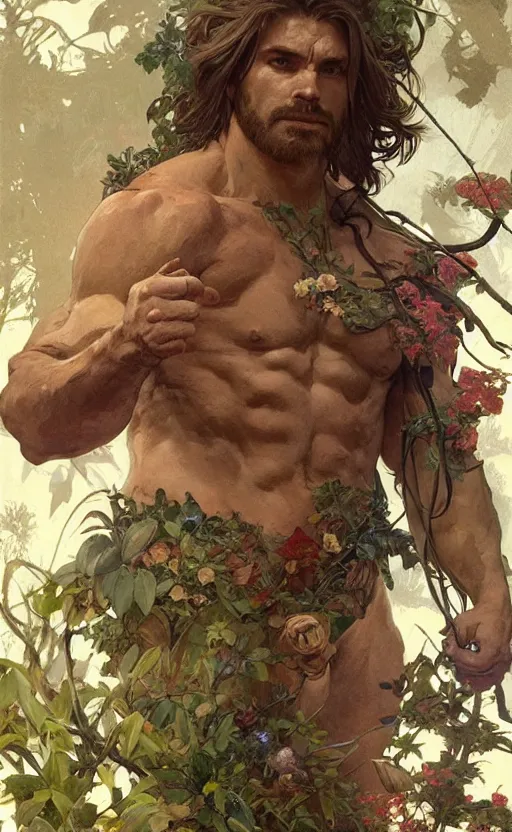 Image similar to god of the forest, 3 0 years old, rugged, male, gorgeous, detailed face, amazing, thighs!!!!!!, flowers, muscular, intricate, highly detailed, digital painting, artstation, concept art, sharp focus, illustration, art by greg rutkowski and alphonse mucha