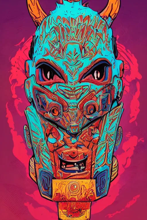 Image similar to totem animal tribal chaman vodoo mask feather gemstone plant wood rock video game illustration vivid color borderlands by josan gonzales and dan mumford radiating a glowing aura