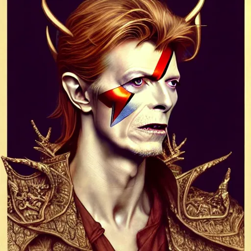 Image similar to full portrait of david bowie as an elven king, fantasy, d & d, intricate, detailed, by by alphonse mucha, adolfo hohenstein, alice russell glenny, stanley artgerm lau, greg rutkowski, detailed, trending on artstation, trending on artstation, smooth
