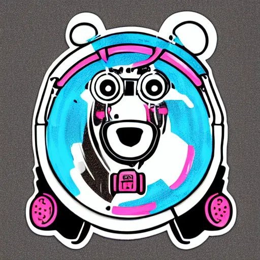 Prompt: svg sticker of a Dancing-Bear, at a rave, spinning records, giant headphones rocking out, wearing headphones, huge speakers, dancing, rave, DJ, spinning records, digital art, amazing composition, rule-of-thirds, award-winning, trending on artstation, featured on deviantart