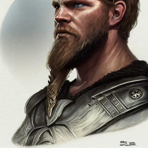 Image similar to viking looking thor, d & d, fantasy, portrait, highly detailed, headshot, digital painting, trending on artstation, concept art, sharp focus, illustration, art by artgerm and greg rutkowski and magali villeneuve