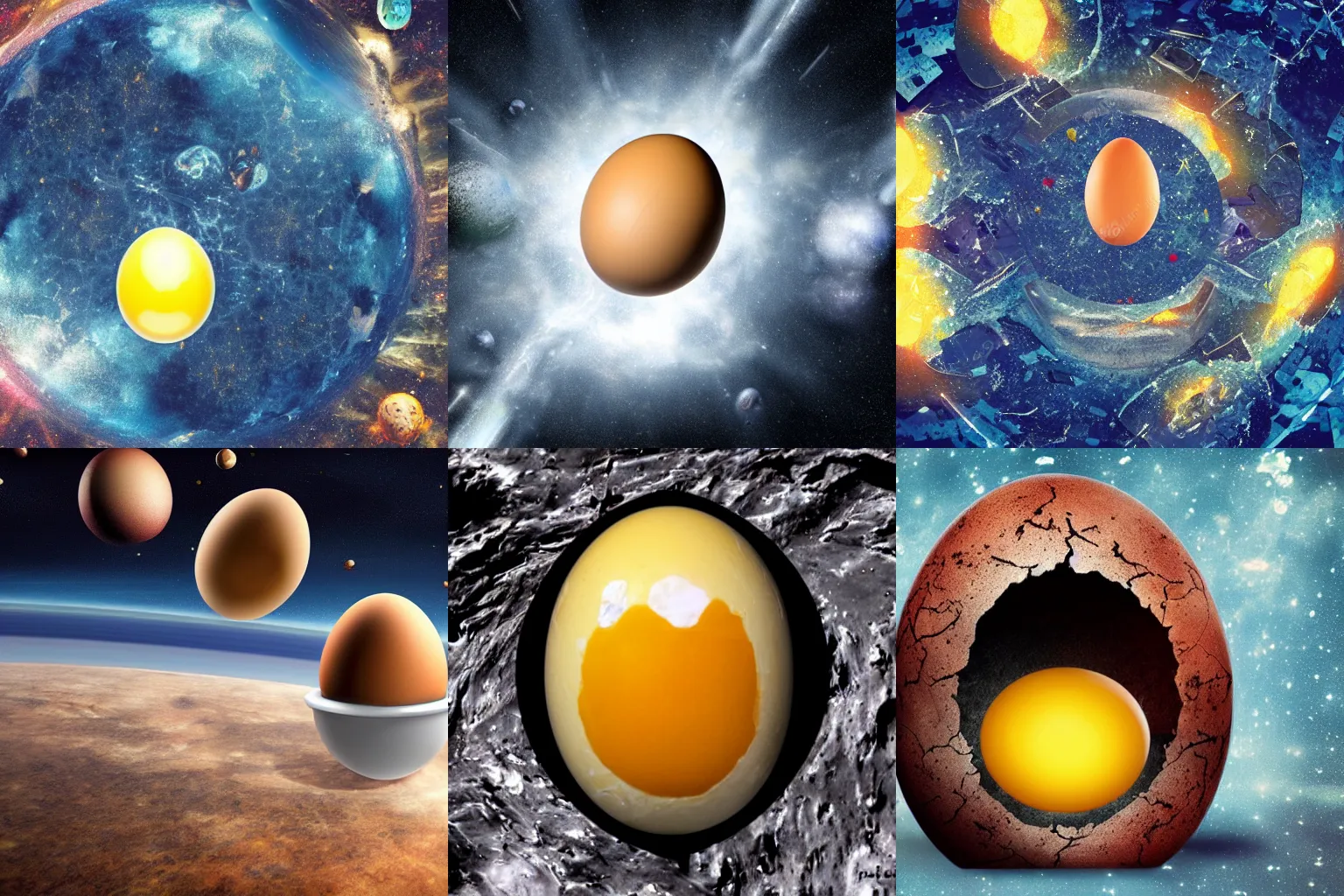 Prompt: Surreal cracked egg in outer space full of people